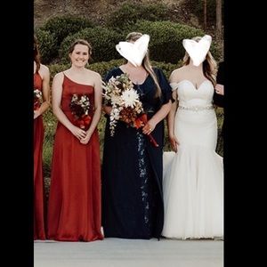 One shoulder David’s Bridal Cinnamon/rust bridesmaid dress